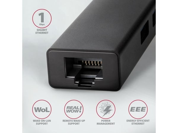 Axagon HMC-GL3A USB-C-Hub 3x USB-A Gbit-LAN schwarz, Koblet med ledninger (ikke trådløs), USB 3.2 Gen 1 (3.1 Gen 1) Type-C, 10,100,1000 Mbit/s, IEE...