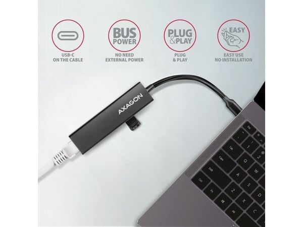 Axagon HMC-GL3A USB-C-Hub 3x USB-A Gbit-LAN schwarz, Koblet med ledninger (ikke trådløs), USB 3.2 Gen 1 (3.1 Gen 1) Type-C, 10,100,1000 Mbit/s, IEE...
