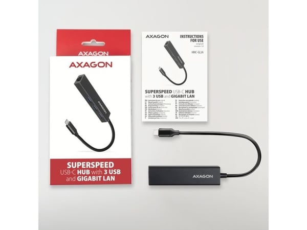 Axagon HMC-GL3A USB-C-Hub 3x USB-A Gbit-LAN schwarz, Koblet med ledninger (ikke trådløs), USB 3.2 Gen 1 (3.1 Gen 1) Type-C, 10,100,1000 Mbit/s, IEE...