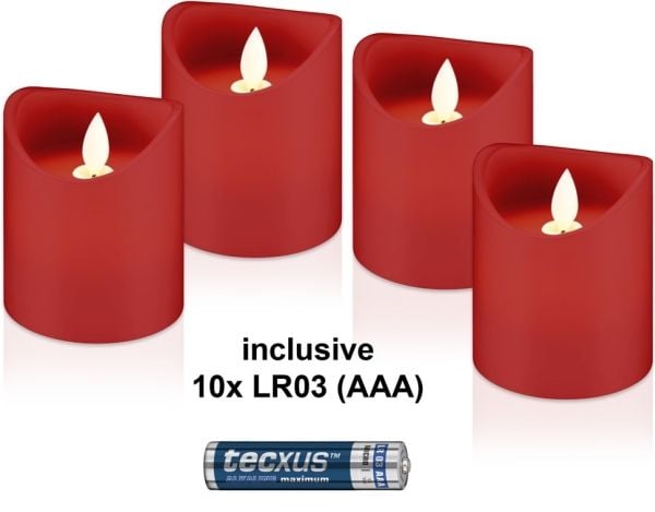 Sett med 4 LED-lys i voks, rød, inkl. 12x AAA (LR03)