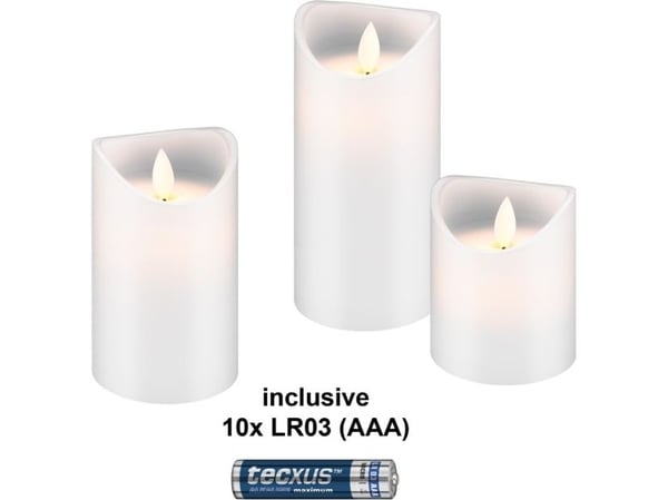 Sett med 3 LED-lys i voks, hvite, inkl. 10x AAA (LR03)