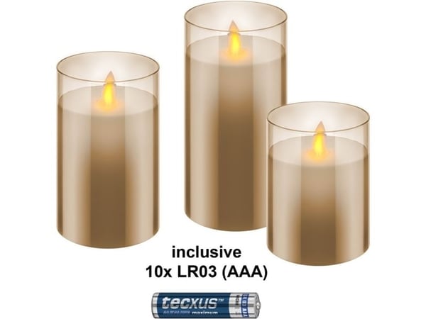 Sett med 3 LED-lys i voks i glass, gull-transparent, inkl. 10x AAA (LR03)