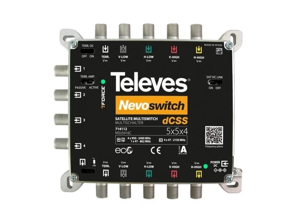 Televes 714112, 5 innganger, 4 utganger, 950 - 2150 MHz, 47 - 862 MHz, 47 - 862 MHz, 3 dB