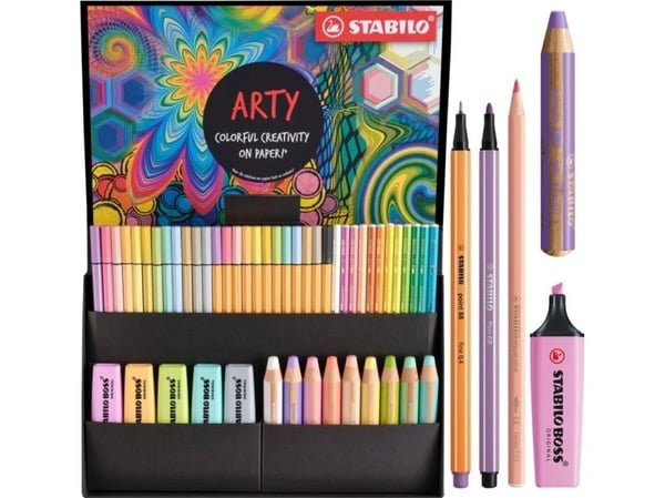 Stabilo Arty pastellset 50 delar - innehåller 5 st Stabilo boss - 9 st stabilo woody - 12 st Stabilo Aquacolor - 12 st Pen 68-märken - 12 st point ...