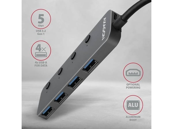 Hub 4-ports HUE-MSA USB 3.2 Gen 1-svitsj, metall, 20 cm USB-A-kabel, microUSB ekstra strømforsyning