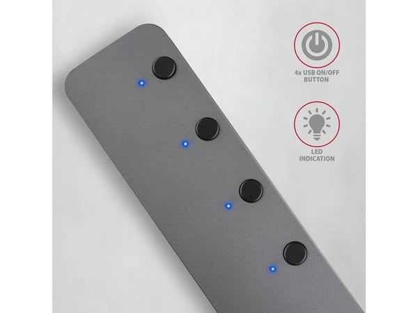 Hub 4-ports HUE-MSA USB 3.2 Gen 1-svitsj, metall, 20 cm USB-A-kabel, microUSB ekstra strømforsyning