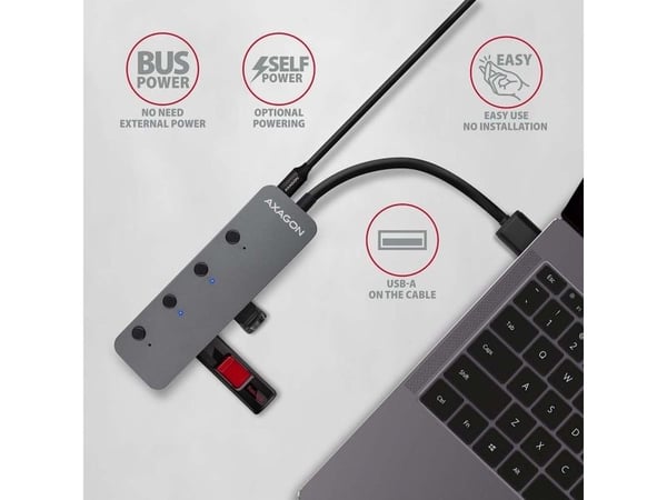 Hub 4-ports HUE-MSA USB 3.2 Gen 1-svitsj, metall, 20 cm USB-A-kabel, microUSB ekstra strømforsyning