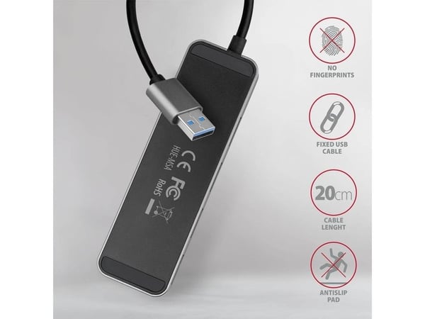 Hub 4-ports HUE-MSA USB 3.2 Gen 1-svitsj, metall, 20 cm USB-A-kabel, microUSB ekstra strømforsyning