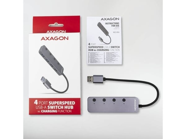 Hub 4-ports HUE-MSA USB 3.2 Gen 1-svitsj, metall, 20 cm USB-A-kabel, microUSB ekstra strømforsyning