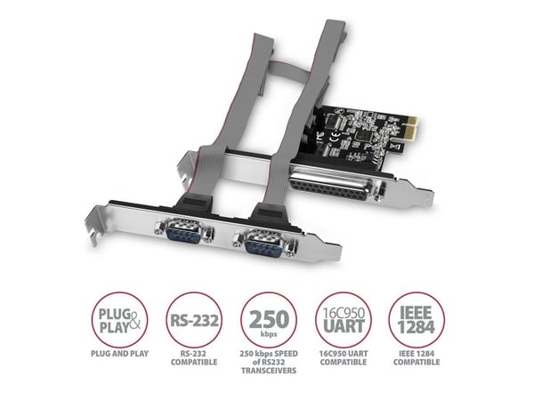 AXAGON PCEA-PSN, PCIe-belastning - 1x parallell (LPT) + 2x seriell port (RS232) 250 kbps, vę. Nei