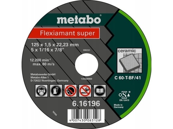 Metabo 616196000, Klippskiva, Platt i mitten, Keramiska, Varje varumärke, 12,5 cm, Svart
