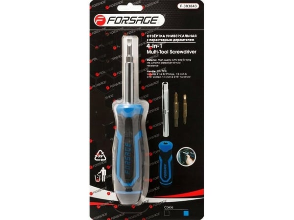Forsage universal skrutrekker skyve med bitsett L-200 mm (PH1, PH2, SL4,5, SL5,5) i blister