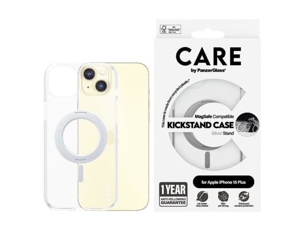 PanzerGlass CARE by ® Feature Case Transparent w. Silver Kickstand & MagSafe iPhone 15 Plus, Suojus, Apple, Apple - iPhone 15 Plus, 17 cm (6.69"), ...