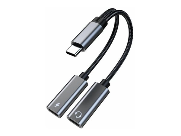 MicroConnect - USB-C til USB-C hodetelefoner / ladeadapter - USB-C hann til USB-C (PD), 24 pin USB-C (lyd) hunn - 13 cm - sølv - USB-C Power Delive...
