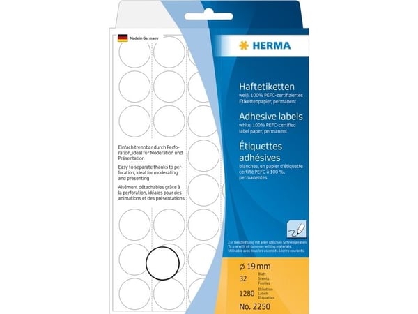 HERMA - Permanet adhesiv - hvit - 19 mm rund 1280 etikett(er) (32 ark x 40) merkelapper