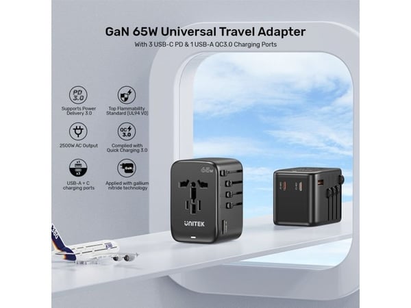 UNITEK P1122ABK01, Universell, Universell, Type C (Europlug), Type G (UK), Type I (AU), Type C, Type G (UK), Type I (AU), 100 - 250 V, 50/60 Hz