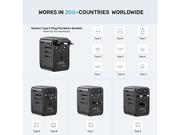 UNITEK P1122ABK01, Universell, Universell, Type C (Europlug), Type G (UK), Type I (AU), Type C, Type G (UK), Type I (AU), 100 - 250 V, 50/60 Hz