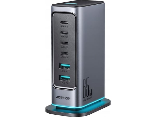 Joyroom JR-TCM02 lader 65W GaN 4x USB-C 2x USB-A EU mørkegrå