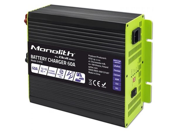 Qoltec Älykäs ammattimainen Monolith-akkulaturi LiFePO4 AGM GEL SLA akuille | 60A | 12V | nopea lataus | nopea lataus