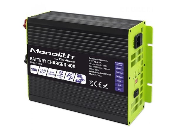 Qoltec Intelligent profesjonell Monolith-lader for LiFePO4 AGM GEL SLA-batterier | 90A | 12V | Rask lading