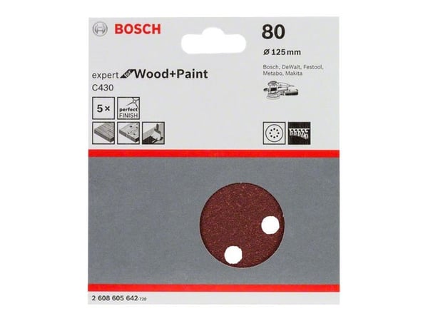 Bosch Expert for Wood and Paint C430 - Slipearksett - for tre, maling - 5 deler - 125 mm - rund - grovkorn: 80