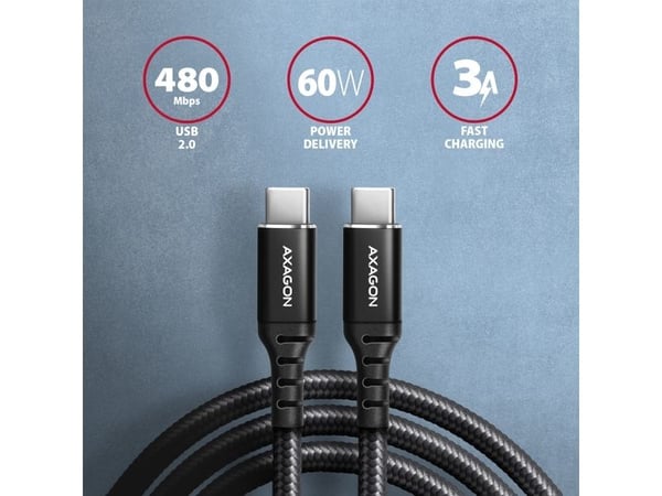 AXAGON BUCM-CM30AB - USB-kabel - 24 pin USB-C (hann) til 24 pin USB-C (hann) - USB 2.0 - 20 V - 3 A - 3 m - USB Power Delivery (60W) - svart