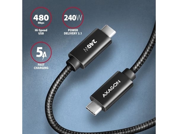 AXAGON BUCM2-CM15AB - USB-kabel - 24 pin USB-C (hann) til 24 pin USB-C (hann) - USB 2.0 - 48 V - 5 A - 1.5 m - toretnings, utvidet effektområde (EP...
