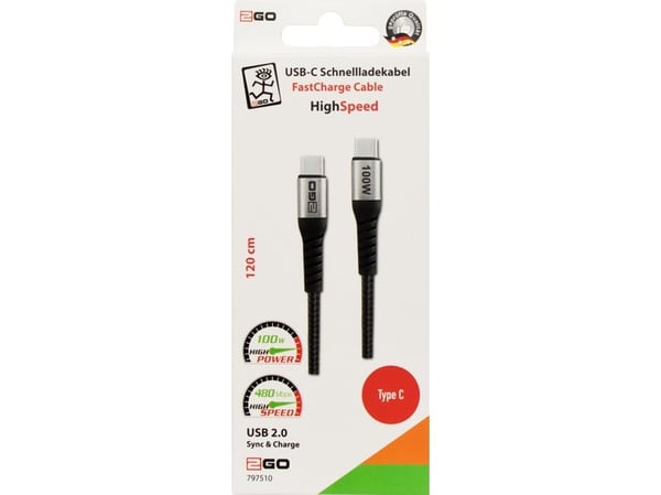 2GO 797510, 1,2 m, USB C, USB C, USB 2.0, 0,48 Gbit/s, musta, hopea