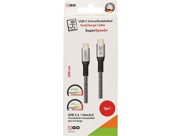 2GO 797515, 2 m, USB C, USB C, USB 3.2 Gen 2x2, 20 Gbit/s, hopea