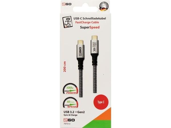 2GO 797513, 2 m, USB C, USB C, USB 3.2 Gen 2 (3.1 Gen 2), 10 Gbit/sek, hopea