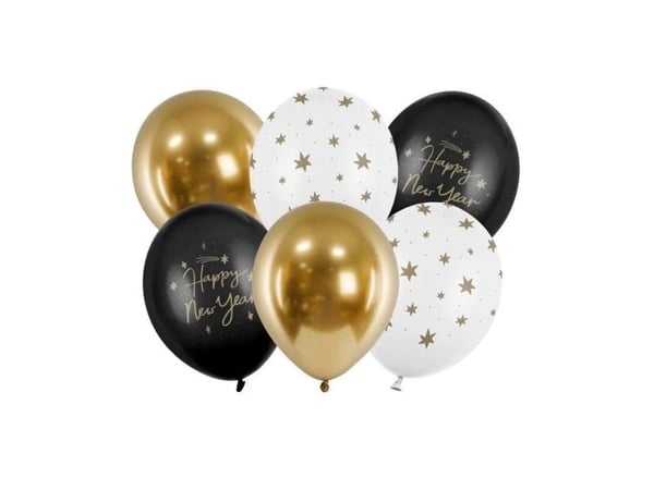 PartyDeco Happy New Year, Ilmapallo, Musta, Kulta, Valkoinen, Uuden vuoden aatto, Ovaali, 30 cm, 6 kpl