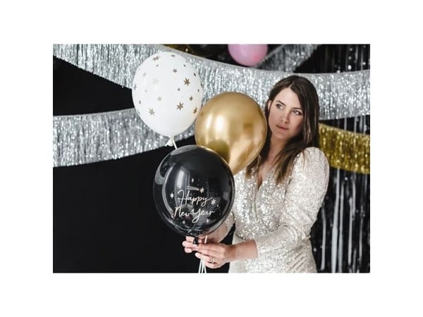 PartyDeco Happy New Year, Ilmapallo, Musta, Kulta, Valkoinen, Uuden vuoden aatto, Ovaali, 30 cm, 6 kpl