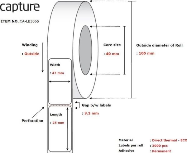 Capture - Permanet adhesiv - ubelagt - hvit - 47 x 25 mm 24000 etikett(er) (12 rull(er) x 2000) boks - merkelapper