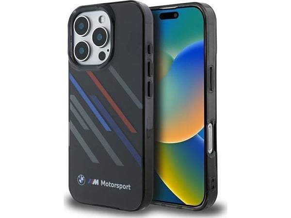 BMW BMHCP16L23HTRAK Apple iPhone 16 Pro 6.3" svart hårt skal Motorsport IML Random Stripes