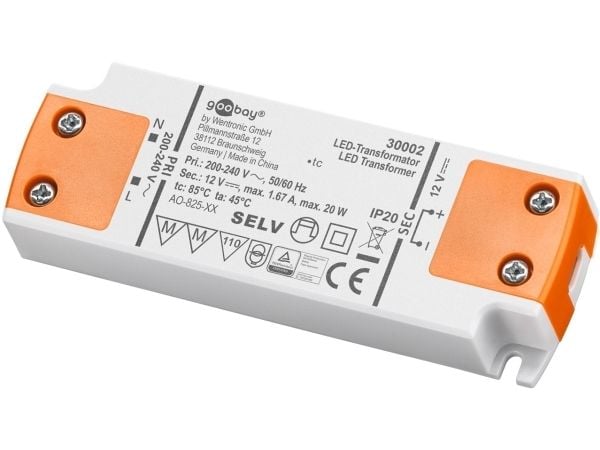 Goobay 30002, Elektronisk lystransformator, Oransje, Hvit, IP20, -20 - 45 °C, CE, RoHS Directive 2011/65/EU [OJEU L174/88-110, 01.07.2011, 20 W