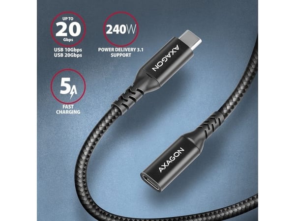 AXAGON BUCM32-CF05AB - USB-forlengelseskabel - 24 pin USB-C (hunn) til 24 pin USB-C (hann) - USB 3.2 Gen 2x2 - 48 V - 5 A - 50 cm - 4K 120 Hz støtt...