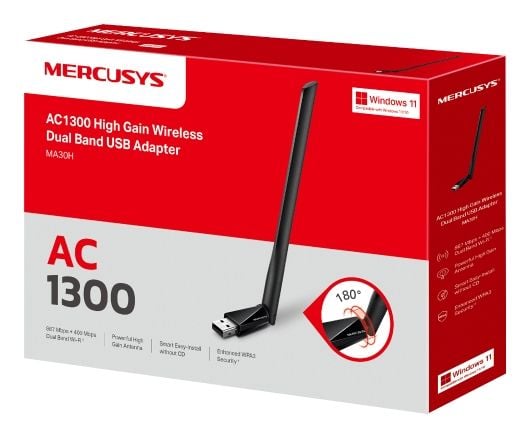 Mercusys MA30H, Trådløs, USB, WLAN, Wi-Fi 5 (802.11ac), 1300 Mbit/s, Sort