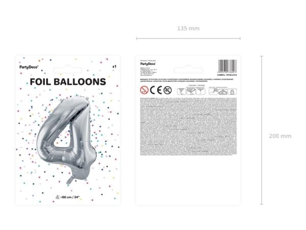 Party Deco folio ilmapallo numero "4", 86cm, hopea universaali