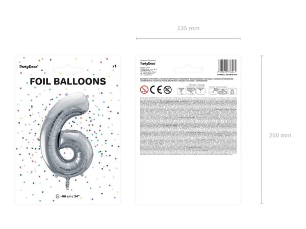 Party Deco Folieballong Nummer "6", 86cm, universal sølv