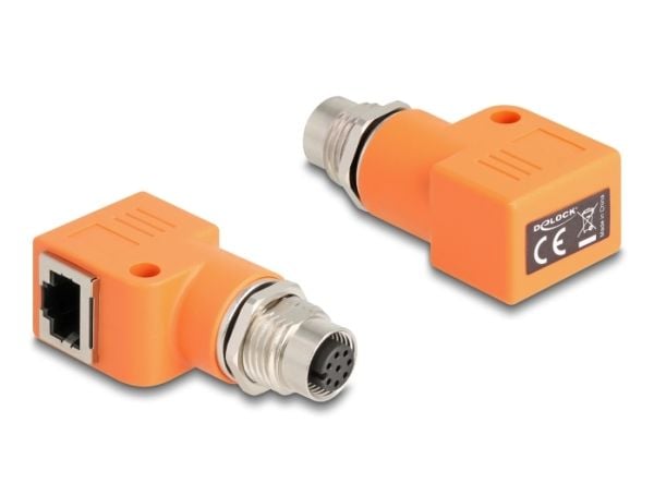 Delock M12-adapter A-kodet 8-pins kontakt til RJ45-kontakt Cat.5e med monteringshull 90° vinklet oransje