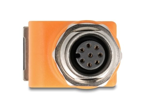 Delock M12-adapter A-kodet 8-pins kontakt til RJ45-kontakt Cat.5e med monteringshull 90° vinklet oransje