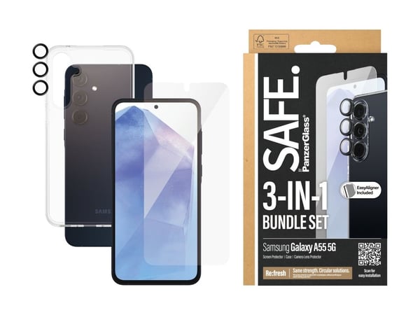 PanzerGlass SAFE. by ® 3-i-1 beskyttelsespakke Samsung Galaxy A55 5G, Samsung, Samsung - Galaxy A55 5G, Tørr applikasjon, Ripebestandig, Støtsikker...