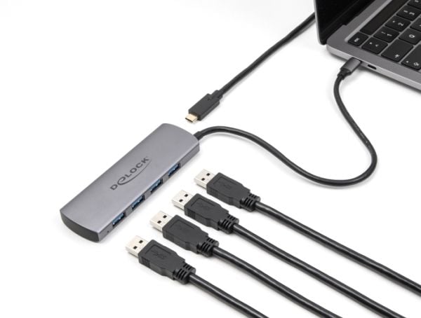 Delock USB 10 Gbps 4-porttinen USB Type-A -keskitin, jossa on USB Type-C-portti ja lisävirtapistoke