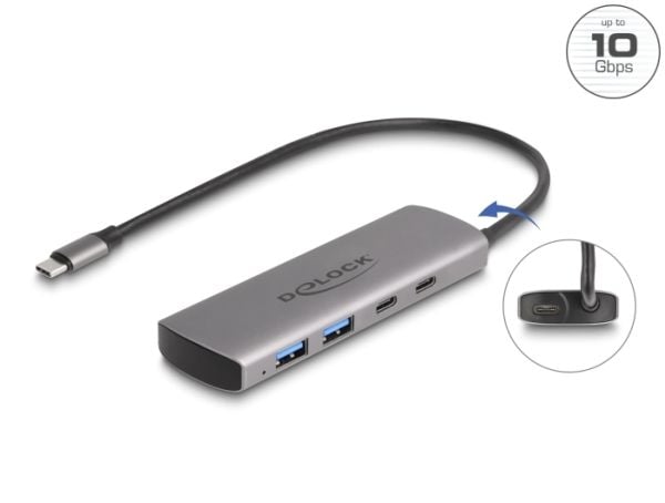 Delock USB 10 Gbps 2-porttinen USB Type-A + 2-porttinen USB Type-C -keskitin, jossa on USB Type-C-portti ja lisävirtapistoke