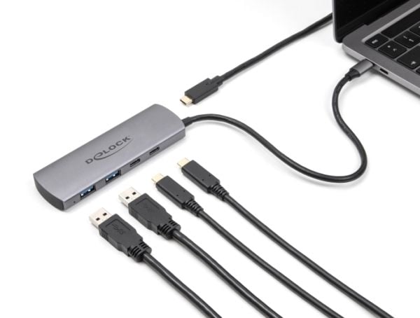 Delock USB 10 Gbps 2-porttinen USB Type-A + 2-porttinen USB Type-C -keskitin, jossa on USB Type-C-portti ja lisävirtapistoke