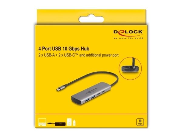 Delock USB 10 Gbps 2-porttinen USB Type-A + 2-porttinen USB Type-C -keskitin, jossa on USB Type-C-portti ja lisävirtapistoke