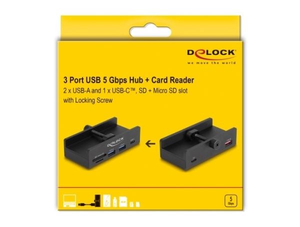 Delock - Hub - 5 Gbps, SD + micro SD slot with locking screw - 2 x USB + 1 x USB-C - stasjonær