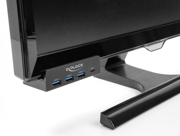 Delock ulkoinen USB 5 Gbps 4-porttinen keskittimen 3 x USB Type-A ja 1 x USB Type-C lukitusruuvilla varustettuna