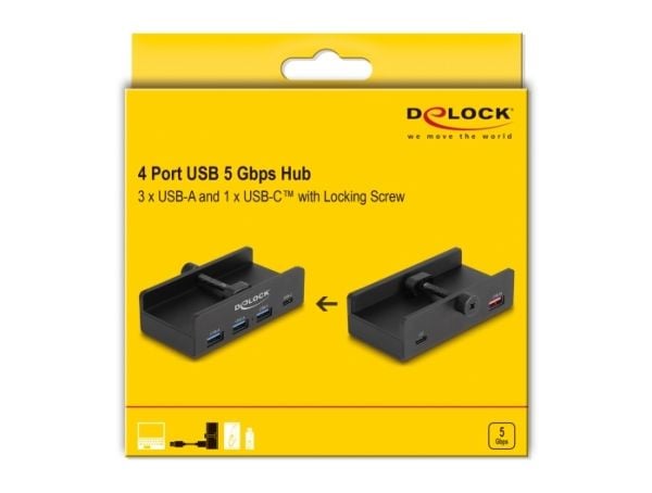 Delock ulkoinen USB 5 Gbps 4-porttinen keskittimen 3 x USB Type-A ja 1 x USB Type-C lukitusruuvilla varustettuna