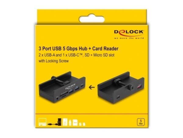 Delock - Hubb - 2 slot card reader, 5 Gbps, external, with locking screw - 1 x USB-C + 2 x USB - skrivbordsmodell